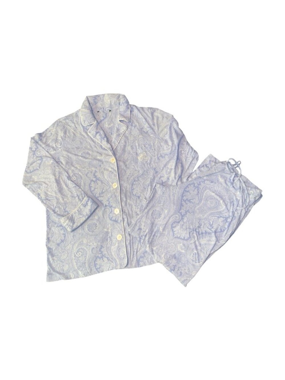 Lauren Ralph Lauren Womens Pajama Set W/Notch Collar Knit Top XL Blue Paisley